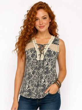 Hem & Thread Paisley Lace Up Tank Top Small Boho Crochet Trim Festival top